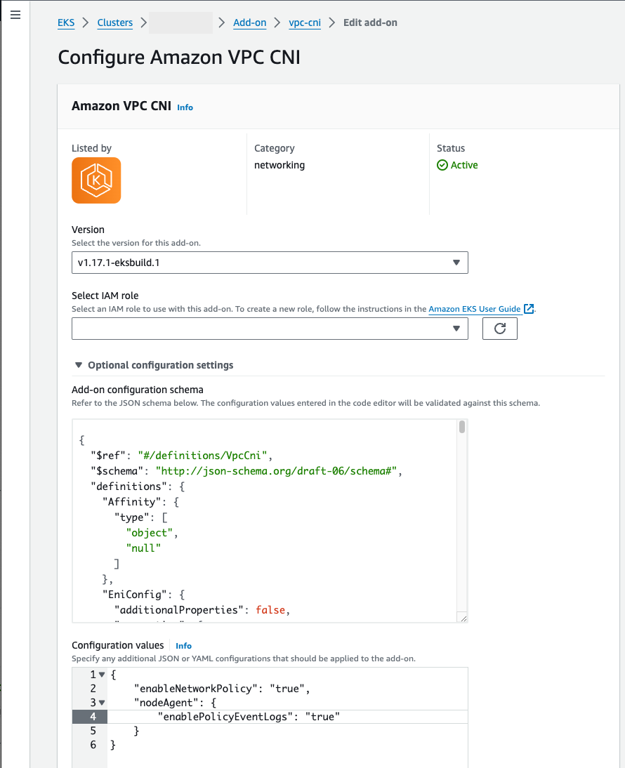 <code class="shared">consolelong</code> showing the VPC CNI add-on with network policy and CloudWatch Logs in the optional configuration.